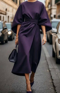 Carla | Women's Belted Lantern-Sleeve Midi Elegant Dress in Purple
