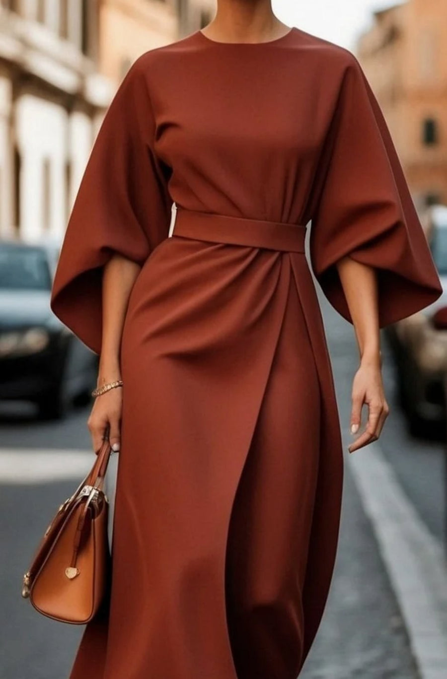 Carla | Women's Belted Lantern-Sleeve Midi Elegant Dress in Rust Brown