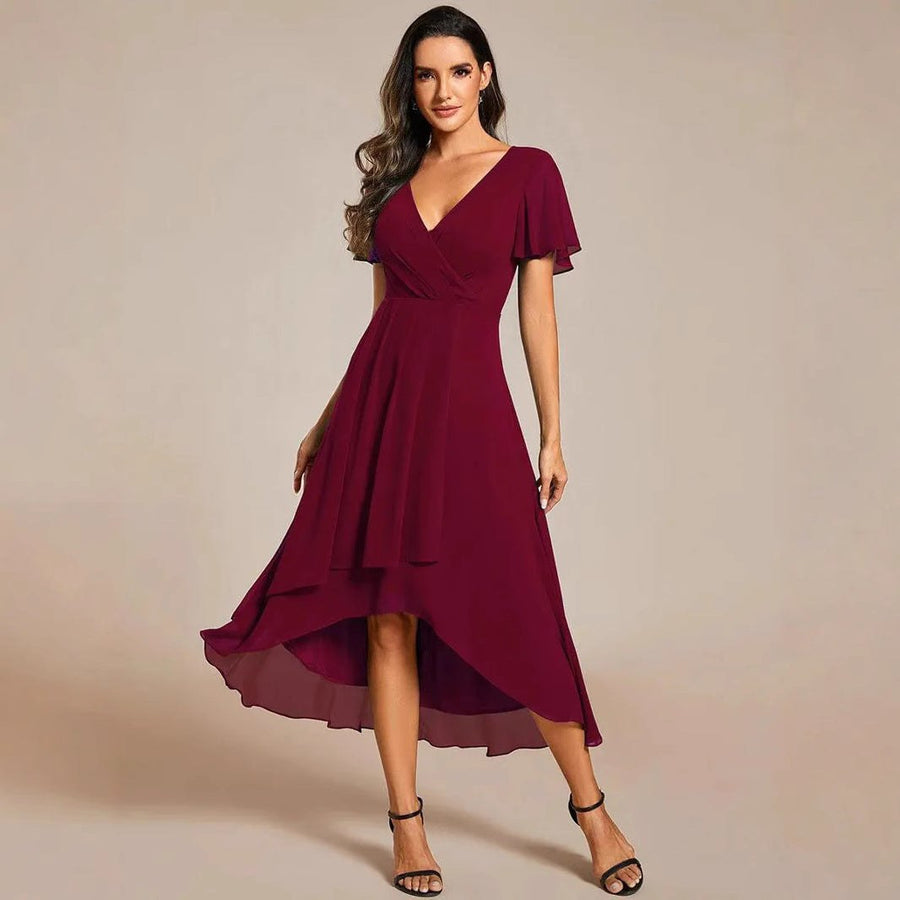 Carmel | Women's Asymmetric Elegant Wrap Dress in Wine Red