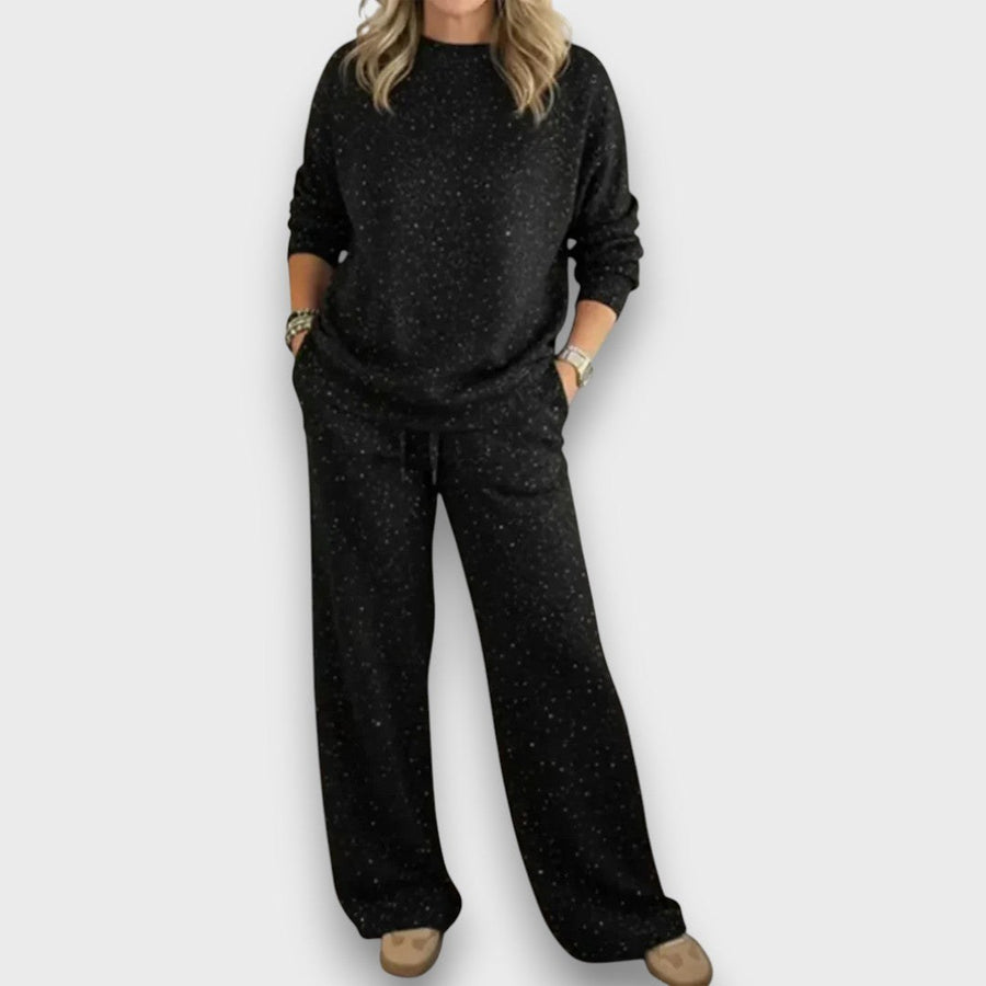 Carmine | Women's Adjustable Drawstring Pants Detail Two-Piece Lounge Set in Black