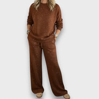 Carmine | Women's Adjustable Drawstring Pants Detail Two-Piece Lounge Set in Brown