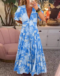 Carola | Women's Smocked Waist Maxi Floral Print Dress in Blue