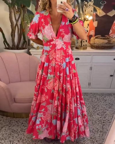 Carola | Women's Smocked Waist Maxi Floral Print Dress in Red