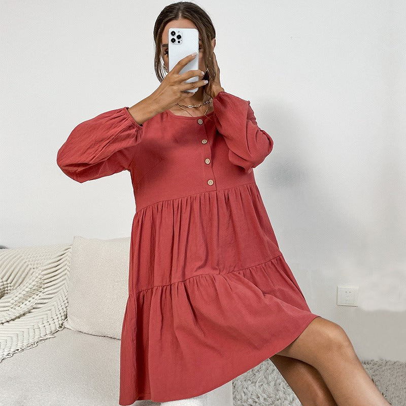 Cassilda | Women's Button Detail Voluminous Dress – Casual Dress in Mahogany