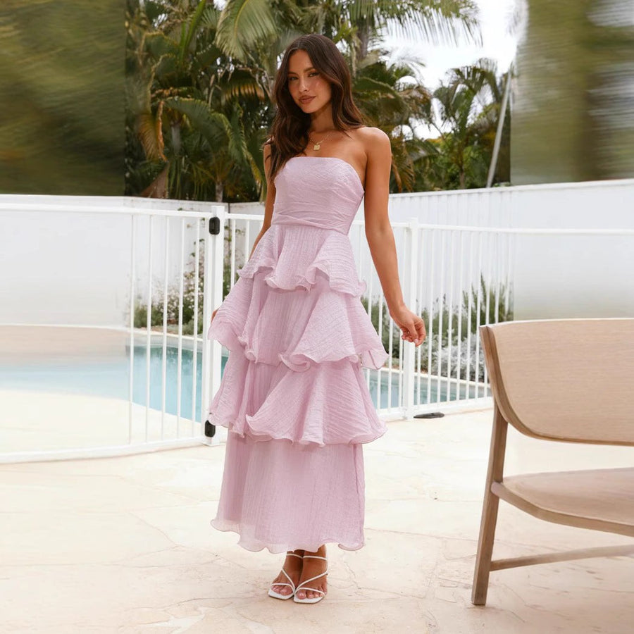 Catalina | Women's Ruffle Detail Voluminous Elegant Maxi Dress in Yellow