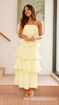 Catalina | Women's Ruffle Detail Voluminous Elegant Maxi Dress in Yellow