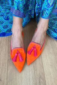 Cate | Women's Tassel Detail Pointed Toe Loafers in Orange