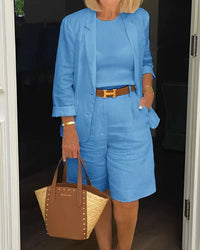Catharine | Women's Blazer Top Knee Length Shorts Two-Piece Set in Blue