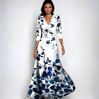 Catherine | Women's Elegant V-Neck Wrap Floral Dress Maxi Length