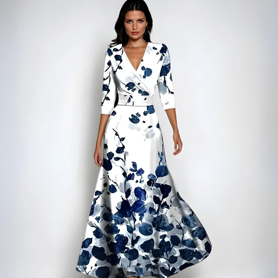 Catherine | Women's Elegant V-Neck Wrap Floral Dress Maxi Length