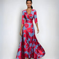 Catherine | Women's Elegant V-Neck Wrap Floral Dress Maxi Length