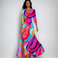 Catherine | Women's Elegant V-Neck Wrap Floral Dress Maxi Length in Multicolor