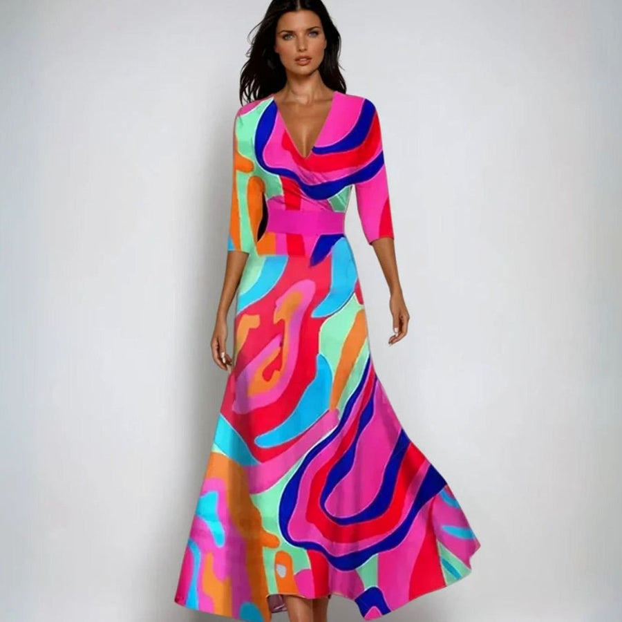 Catherine | Women's Elegant V-Neck Wrap Floral Dress Maxi Length in Multicolor