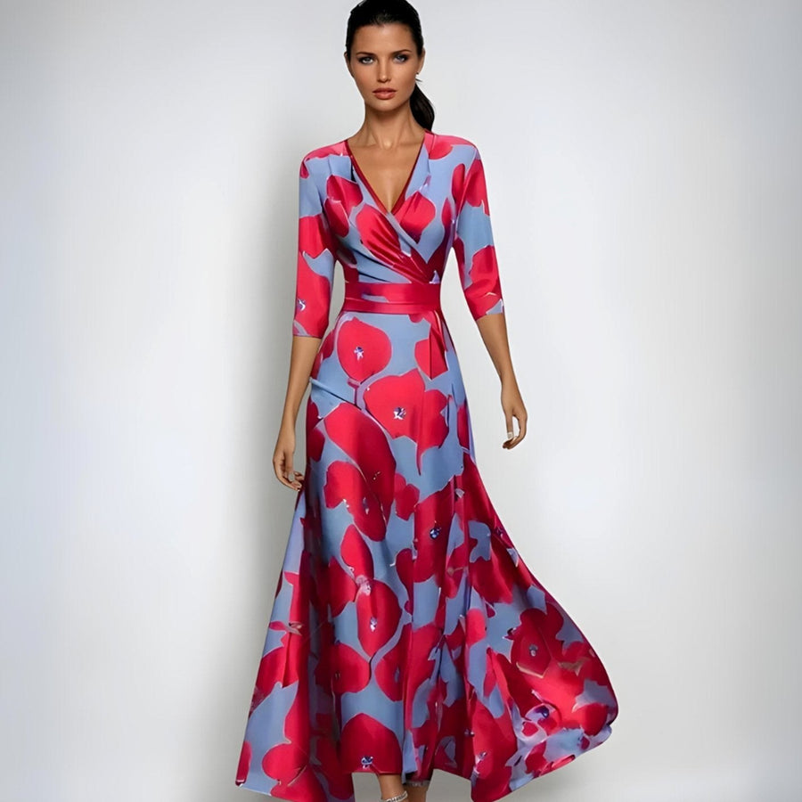 Catherine | Women's Elegant V-Neck Wrap Floral Dress Maxi Length in Red/Blue