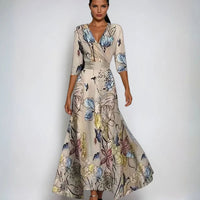 Catherine | Women's Elegant V-Neck Wrap Floral Dress Maxi Length in Sand/Beige