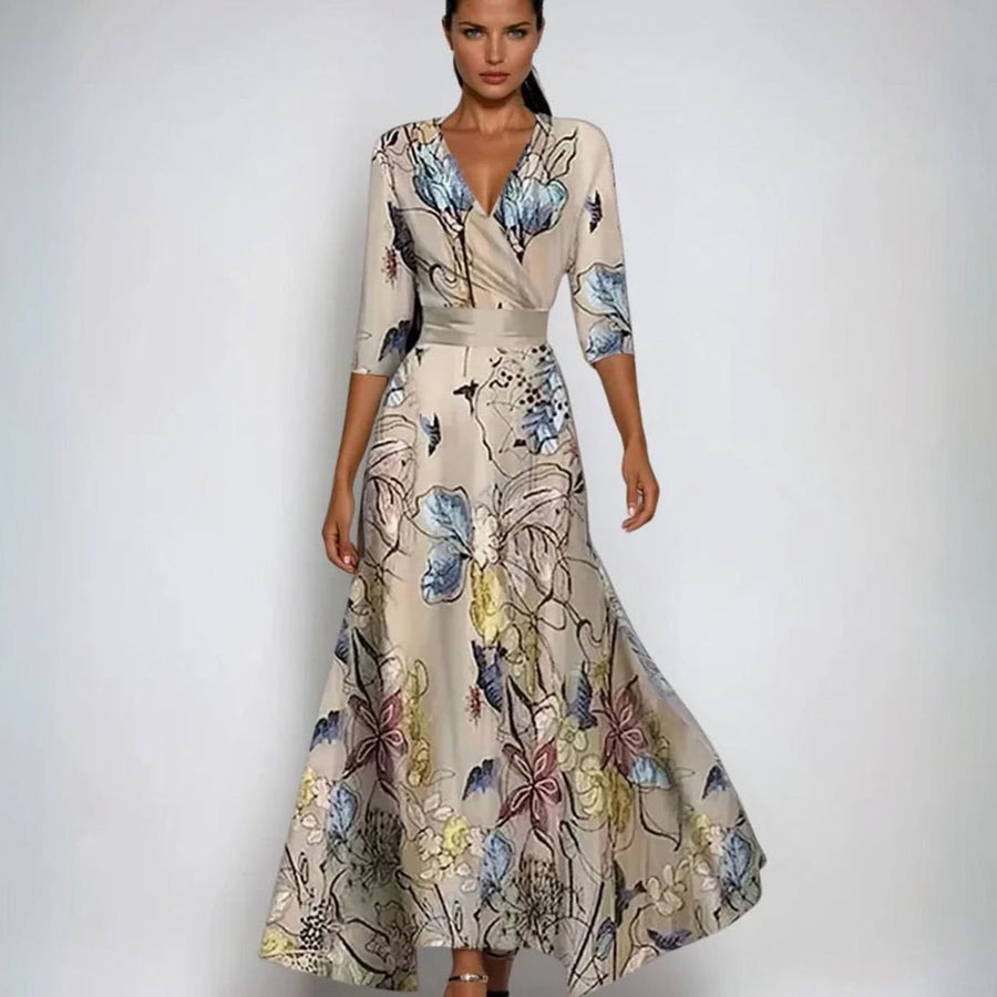 Catherine | Women's Elegant V-Neck Wrap Floral Dress Maxi Length in Sand/Beige