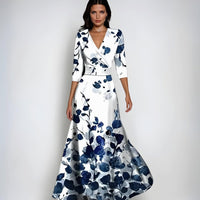Catherine | Women's Elegant V-Neck Wrap Floral Dress Maxi Length in White/Blue