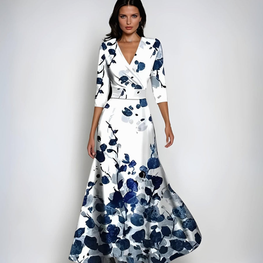 Catherine | Women's Elegant V-Neck Wrap Floral Dress Maxi Length in White/Blue