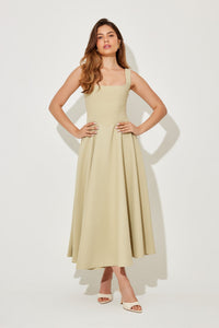 Cathleen | Women's Square Neck Sleeveless Midi Dress in Beige