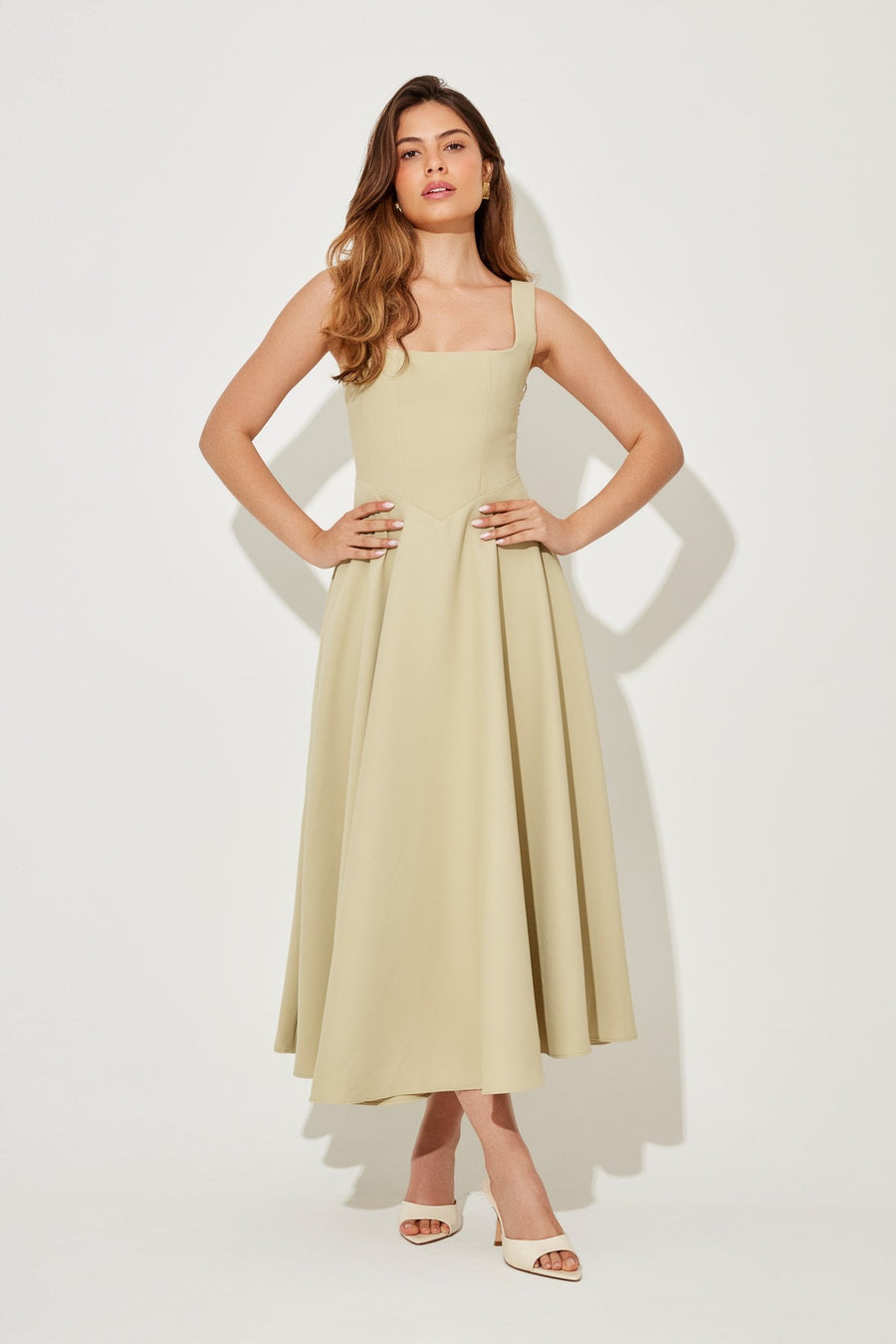 Cathleen | Women's Square Neck Sleeveless Midi Dress in Beige