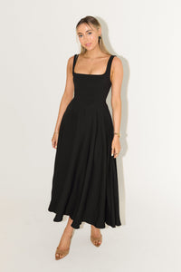 Cathleen | Women's Square Neck Sleeveless Midi Dress in Black