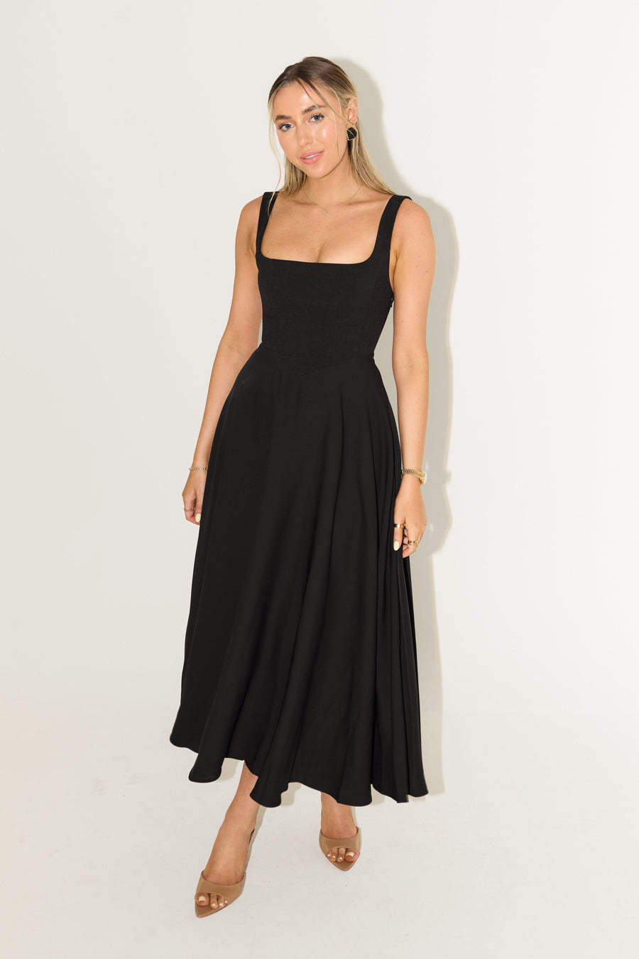 Cathleen | Women's Square Neck Sleeveless Midi Dress in Black