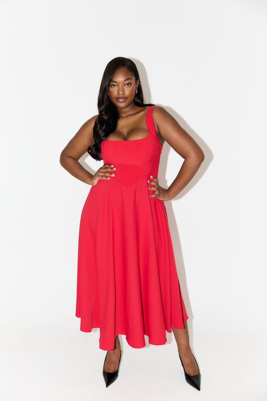 Cathleen | Women's Square Neck Sleeveless Midi Dress in Red