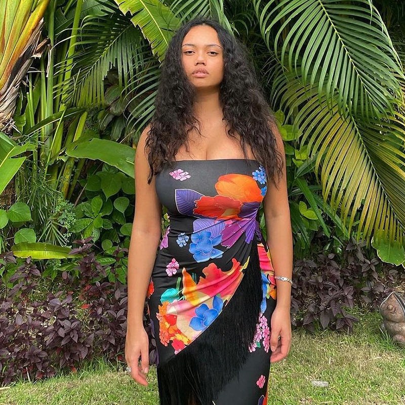 Catriona | Women's Fringe Floral Cocktail Dress in Black