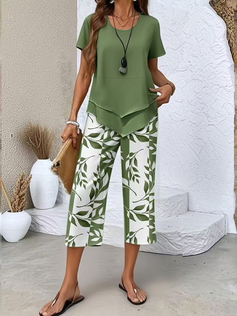 Cecania | Women's Botanical Print Two-Piece Set in Green