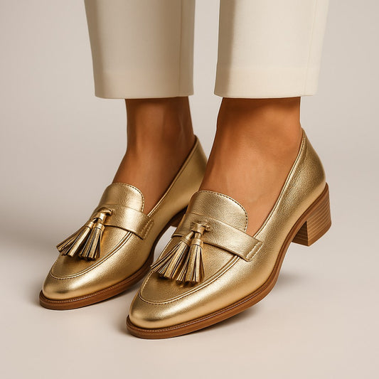 Cecile | Women's Tassel Low Heel Design Loafers in Gold