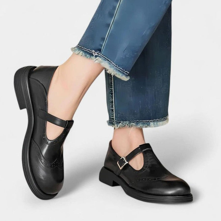 Cecilia | Women's Vintage Brogue Leather T-Strap Shoes Buckle Flats in Black