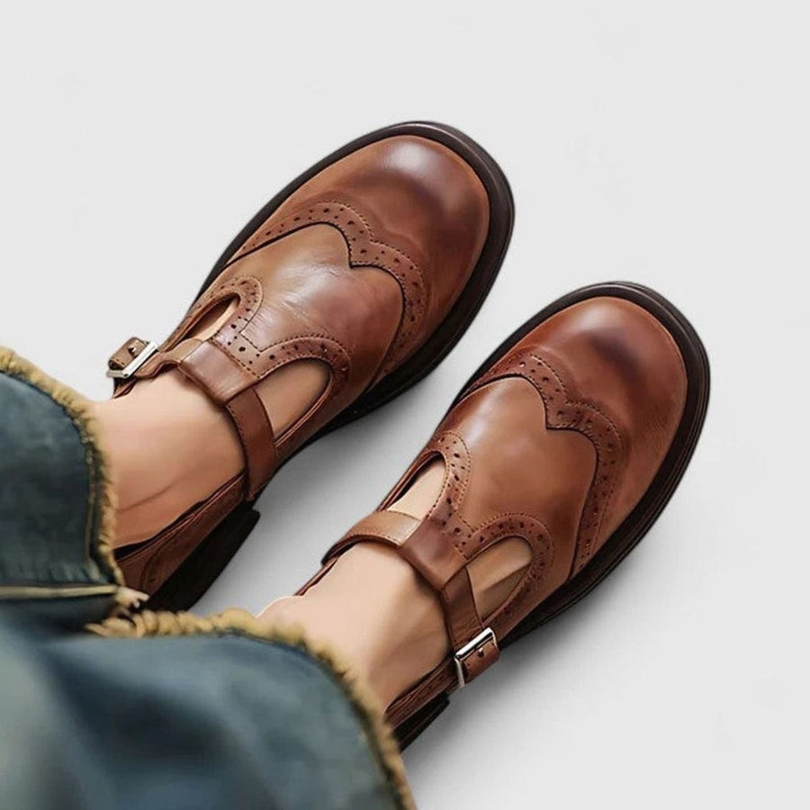 Cecilia | Women's Vintage Brogue Leather T-Strap Shoes Buckle Flats in Brown