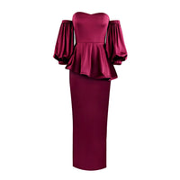 Celandine | Women's Puff Sleeve Elegant Evening Dress in Wine Red