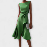 Celeste | Women's Sleeveless Asymmetric Draped Flared Midi Dress in Green