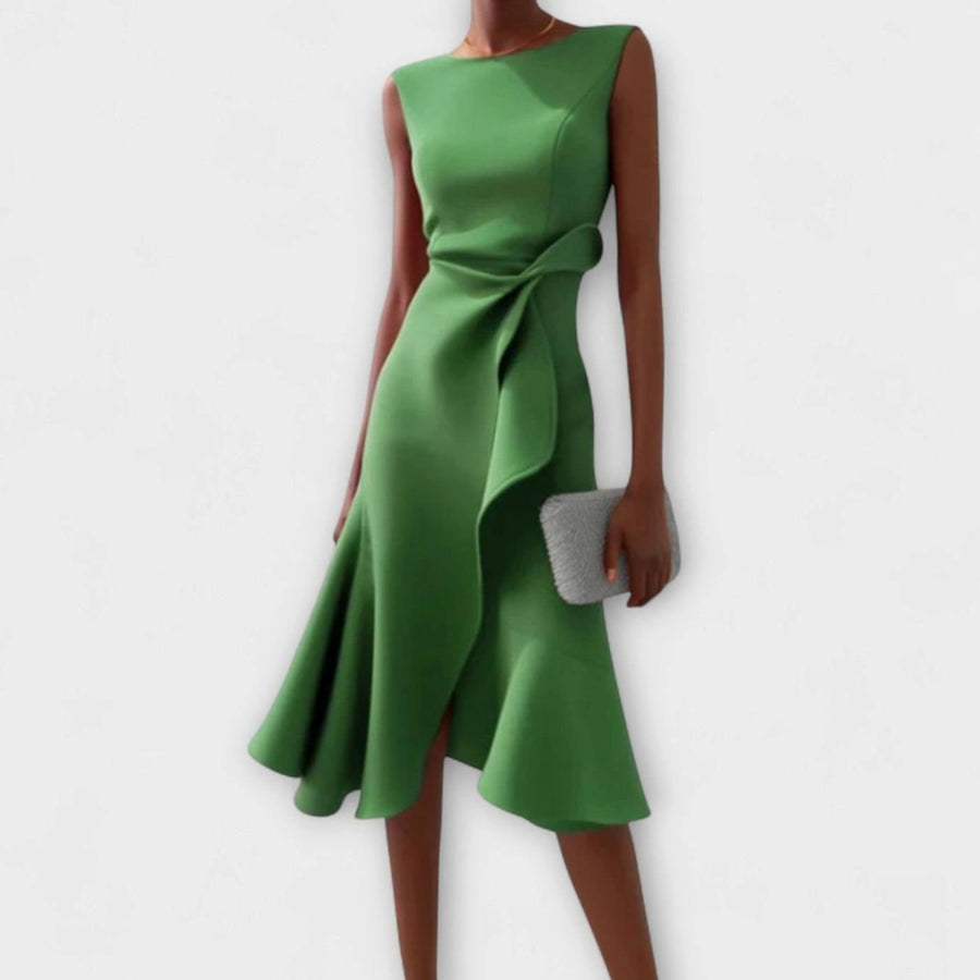 Celeste | Women's Sleeveless Asymmetric Draped Flared Midi Dress in Green