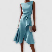Celeste | Women's Sleeveless Asymmetric Draped Flared Midi Dress in Light Blue