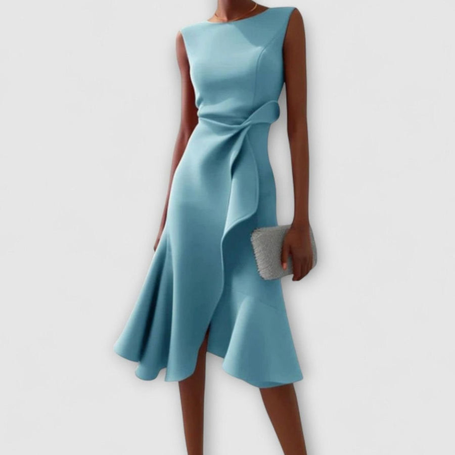 Celeste | Women's Sleeveless Asymmetric Draped Flared Midi Dress in Light Blue
