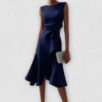 Celeste | Women's Sleeveless Asymmetric Draped Flared Midi Dress in Navy Blue