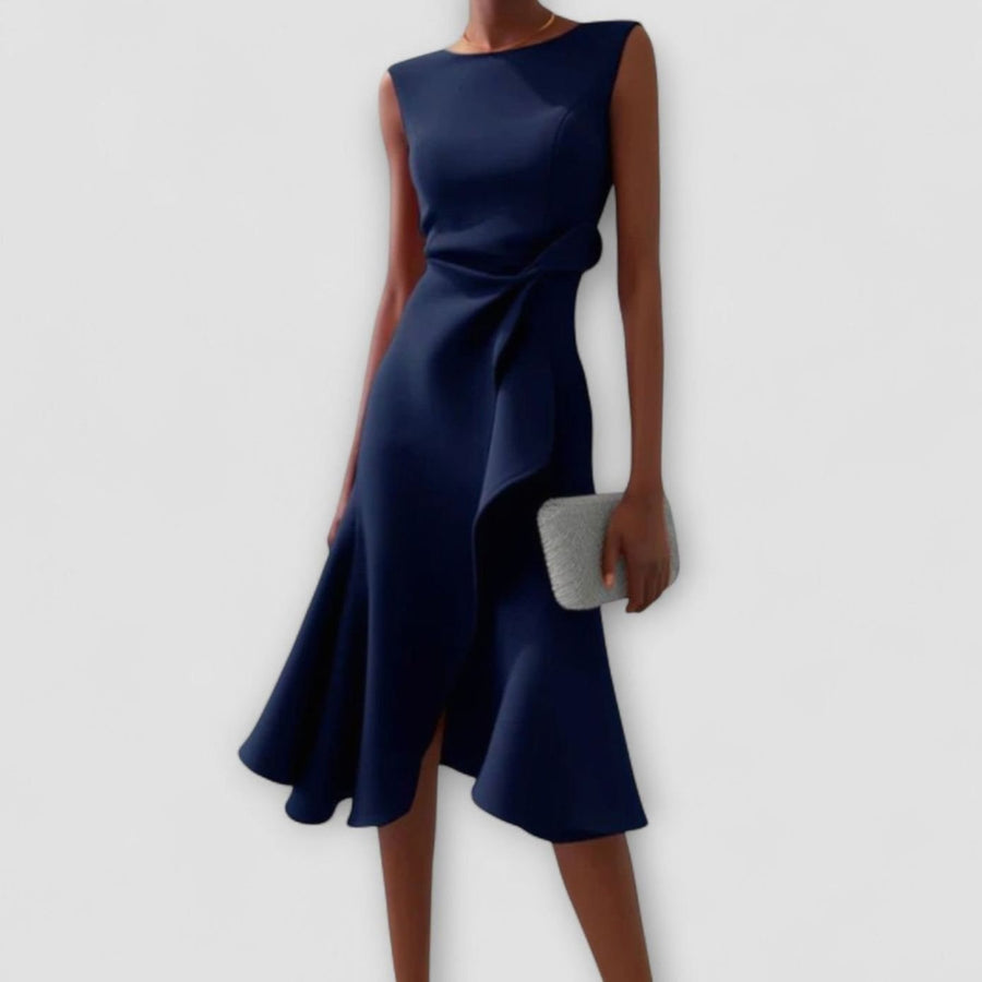 Celeste | Women's Sleeveless Asymmetric Draped Flared Midi Dress in Navy Blue