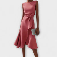 Celeste | Women's Sleeveless Asymmetric Draped Flared Midi Dress in Pink