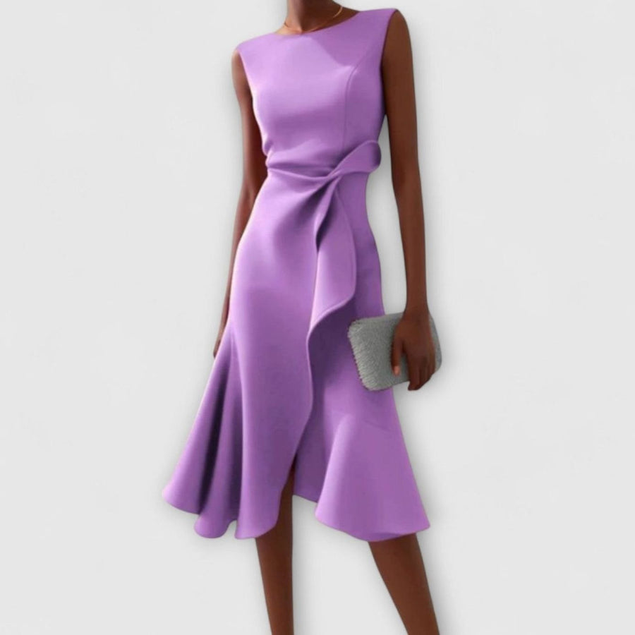 Celeste | Women's Sleeveless Asymmetric Draped Flared Midi Dress in Purple