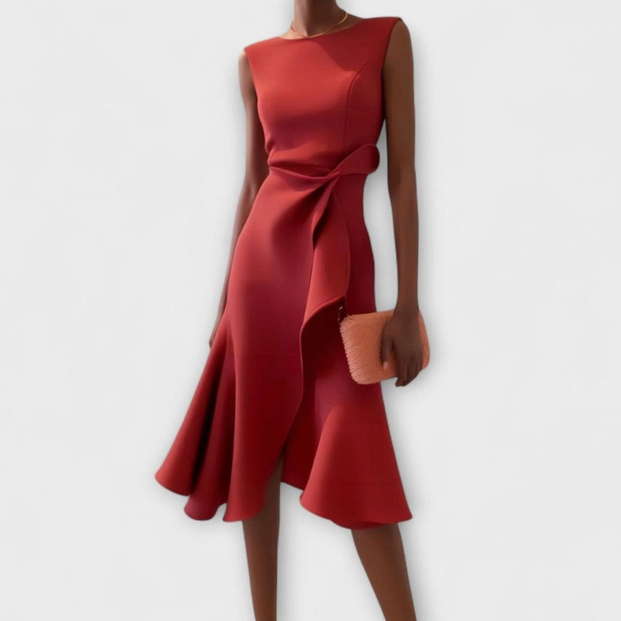 Celeste | Women's Sleeveless Asymmetric Draped Flared Midi Dress in Red