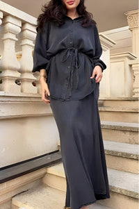Celestine | Women's Button Shirt Maxi Skirt Two-Piece Set in Black