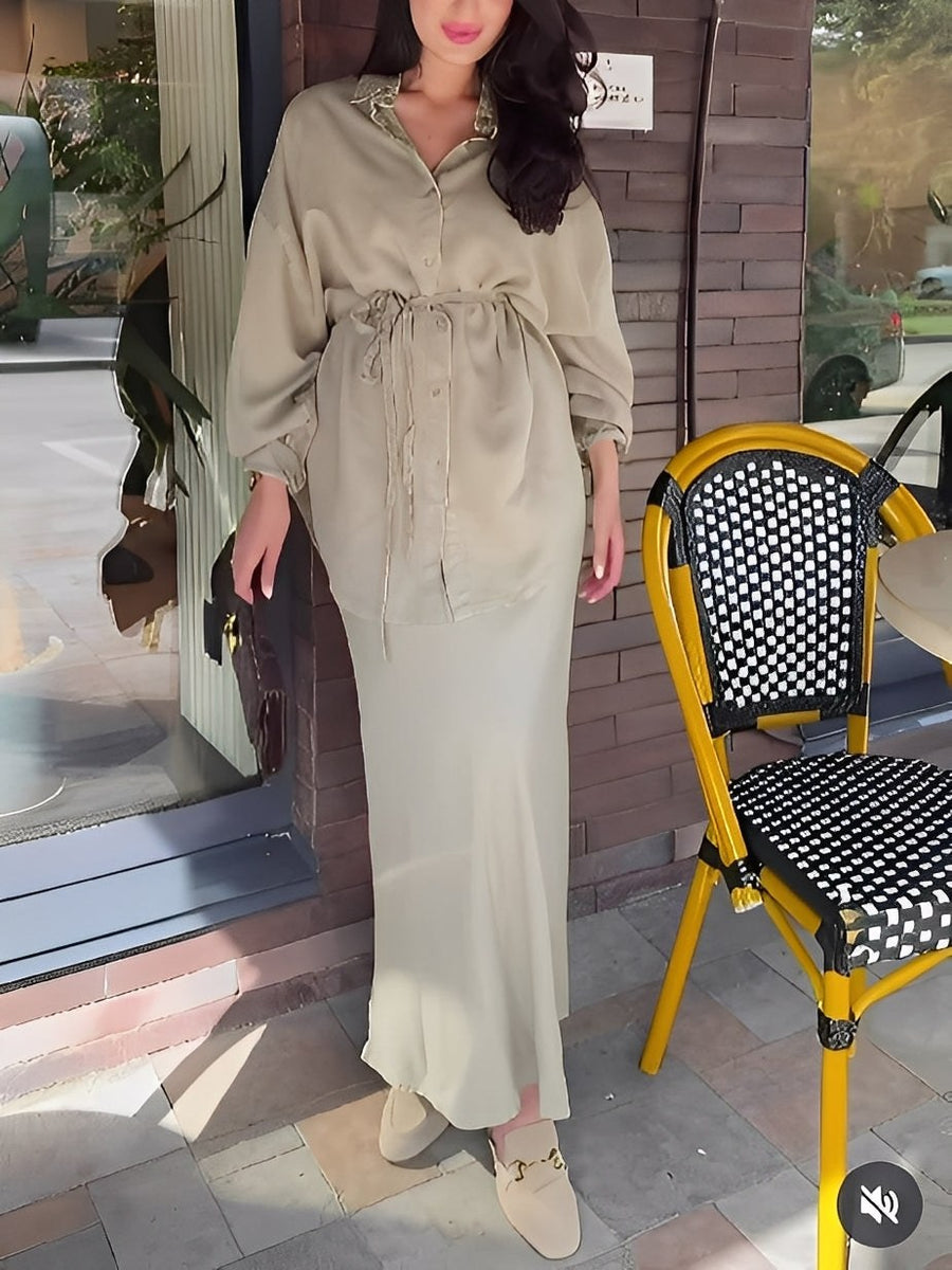 Celestine | Women's Button Shirt Maxi Skirt Two-Piece Set in Light Green