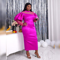 Celine | Women's Sheer Puff Sleeve Floral Elegant Evening Dress in Magenta