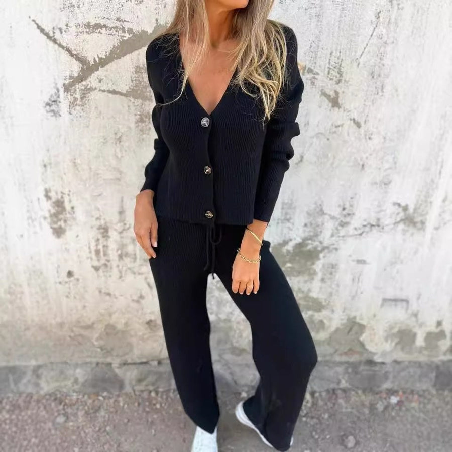 Cerelia | Women's Cardigan and Pants Two-Piece Set in Black