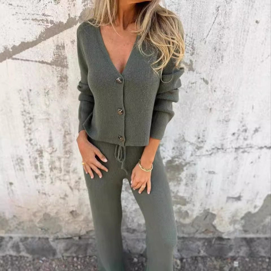 Cerelia | Women's Cardigan and Pants Two-Piece Set in Green