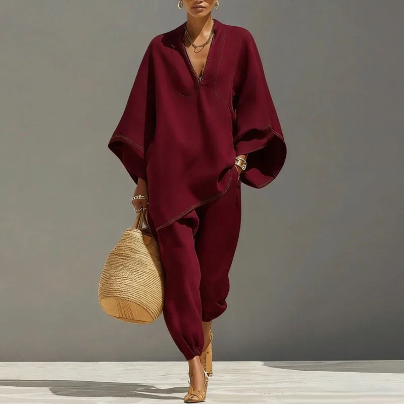 Chalice | Women's Casual Co-Ord Two-Piece Set in Burgundy