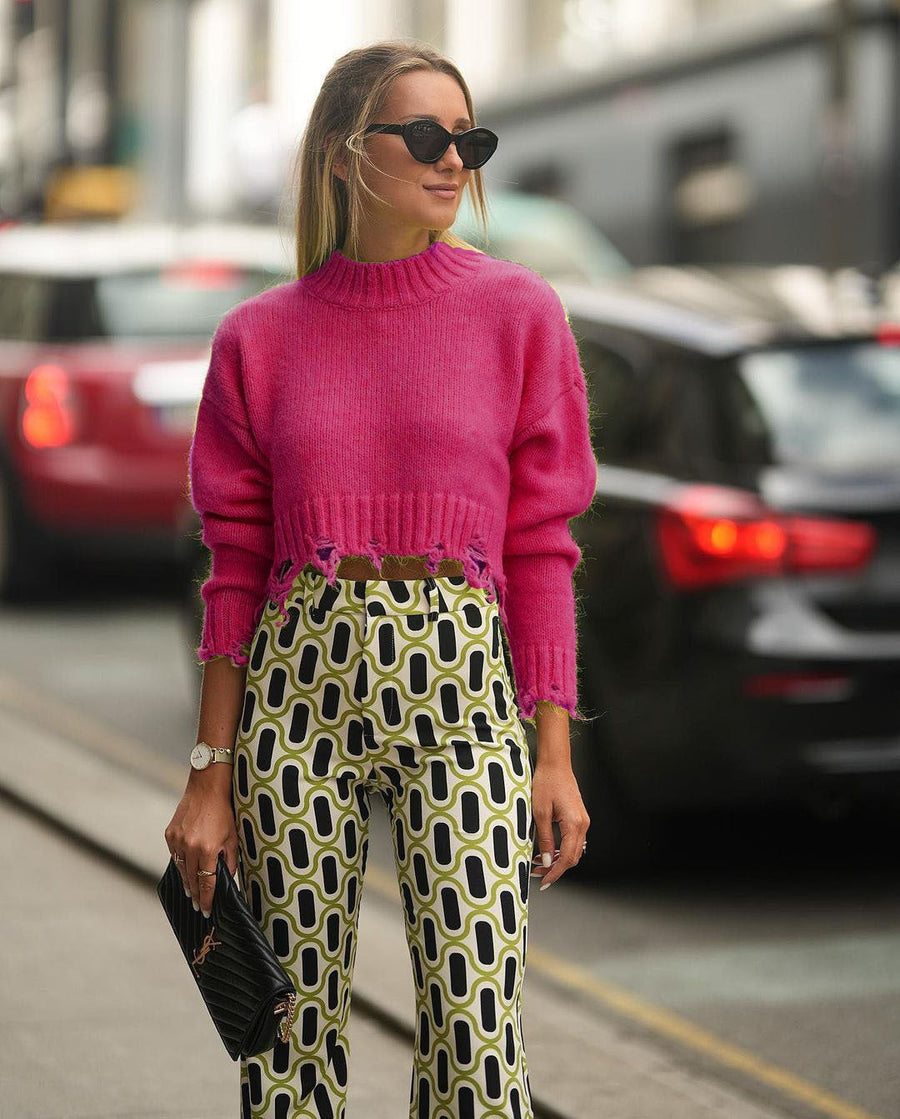 Charis | Women's Fringe Knit Sweater in Magenta