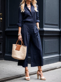 Charlize | Women's Collared Shirt Top and Pants Two-Piece Set in Navy